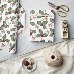Watercolor-Stechpalmen-Beeren- und Zuckerstangen-S Geschenkpapier