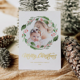 Watercolor-Stechpalmen-Grünkrone Weihnachten Foto Folien Feiertagskarte