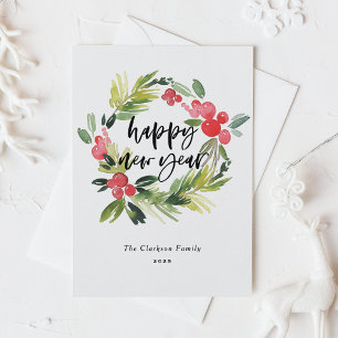Watercolor-Stechpalmen-Kranz-Kalligrafie Neujahr Feiertagspostkarte