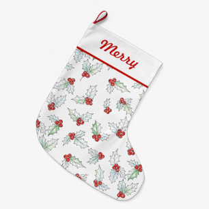 Watercolor-Stechpalmenblätter und rote Beeren Großer Weihnachtsstrumpf
