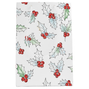 Watercolor-Stechpalmenblätter und rote Beeren Weih Mittlere Geschenktüte