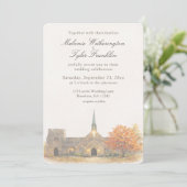 Watercolor Stone Chapel Fall Wedding Invitation Einladung (Stehend Vorderseite)