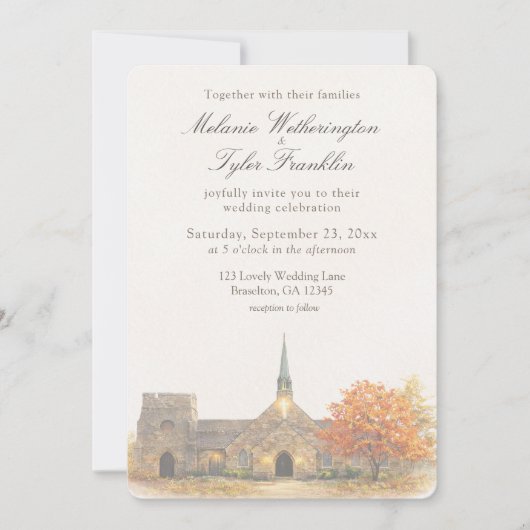 Watercolor Stone Chapel Fall Wedding Invitation Einladung (Vorderseite)