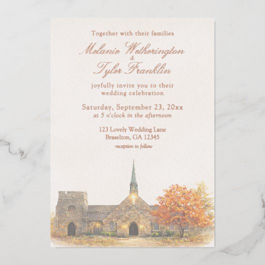 Watercolor Stone Chapel Fall Wedding Invitation Folieneinladung (Vorderseite)