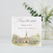 Watercolor Stone Chapel Save the Date Card (Stehend Vorderseite)