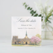 Watercolor Stone Chapel Spring Save the Date Card (Stehend Vorderseite)