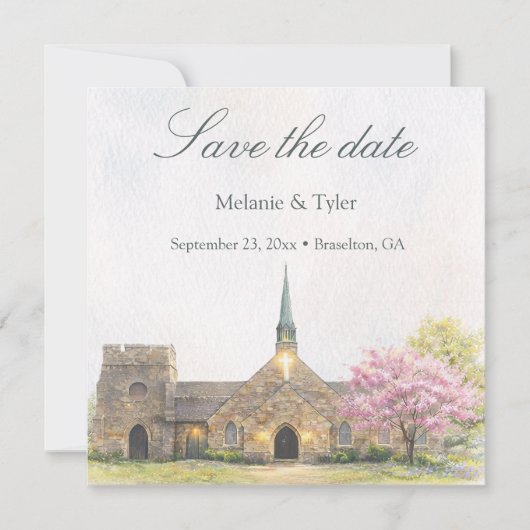 Watercolor Stone Chapel Spring Save the Date Card (Vorderseite)