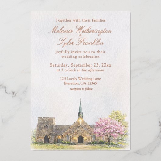 Watercolor Stone Chapel Spring Wedding Invitation Folieneinladung (Vorderseite)