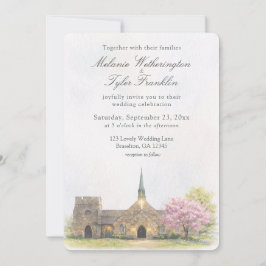 Watercolor Stone Chapel Spring Wedding Photo Einladung