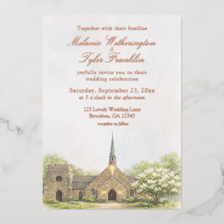 Watercolor Stone Chapel Summer Wedding Invitation Folieneinladung