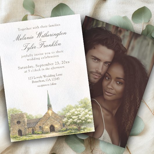 Watercolor Stone Chapel Wedding Photo Invitation Einladung