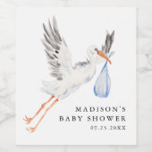 Watercolor Stork Blue Boy Baby Shower Weinetikett (Einzelnes Label)