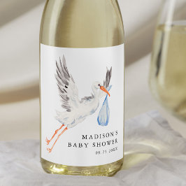 Watercolor Stork Blue Boy Baby Shower Weinetikett