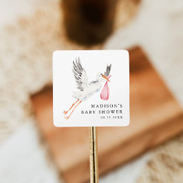 Watercolor Stork Pink Girl Baby Shower Quadratischer Aufkleber