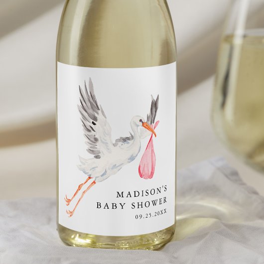Watercolor Stork Pink Girl Baby Shower Weinetikett