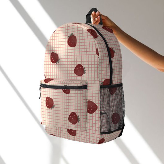 Watercolor Strawberries on Pink Grid - Valentine Bedruckter Rucksack