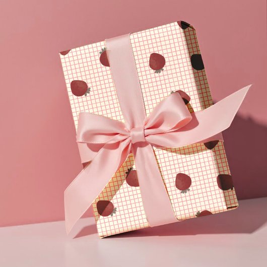 Watercolor Strawberries on Pink Grid - Valentine Geschenkpapier