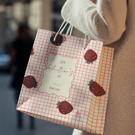 Watercolor Strawberries on Pink Grid- Valentine Mittlere Geschenktüte