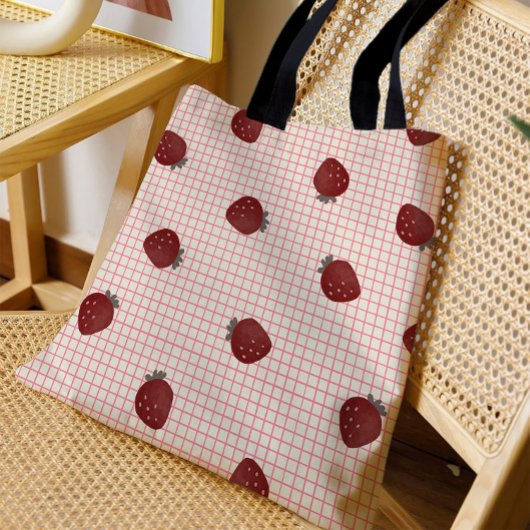 Watercolor Strawberries on Pink Grid - Valentine Tasche