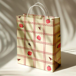 Watercolor Strawberries on Pink Plaid – Valentine Mittlere Geschenktüte