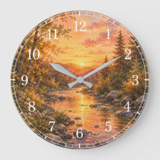 Watercolor Stream Wall Clock — Nature-Inspired Des Große Wanduhr