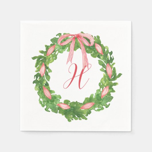 Watercolor Strip Bow Wreath Christmas Monogram Serviette (Vorderseite)