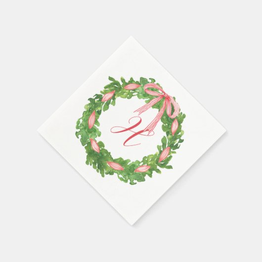 Watercolor Strip Bow Wreath Christmas Monogram Serviette (Ecke)