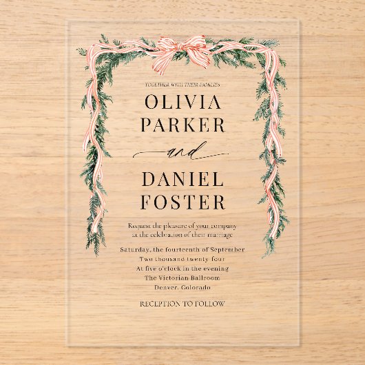 Watercolor Striped Red Bow Christmas Greenery Acryleinladungen (Vorderseite)