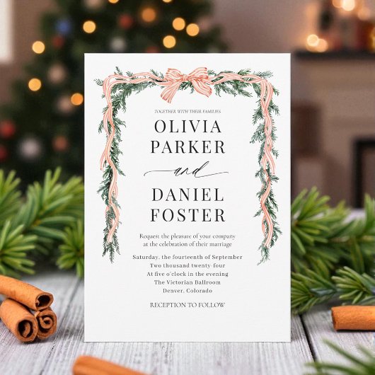 Watercolor Striped Red Bow Christmas Greenery Einladung