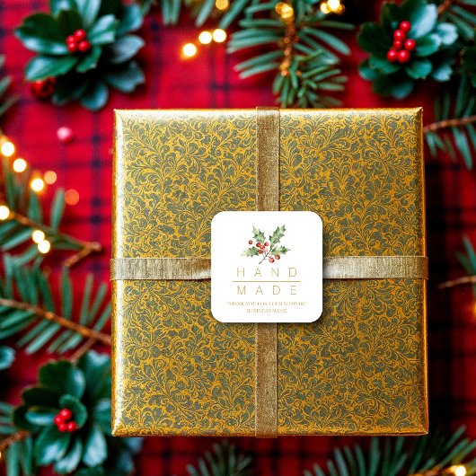 Watercolor Style Holly Branches Handmade Quote Quadratischer Aufkleber