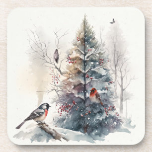 Watercolor Style Winter Woodland Birds Untersetzer