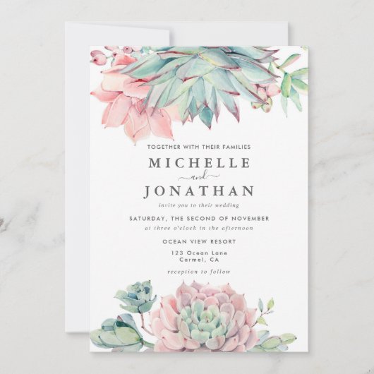 Watercolor Succulent Coastal Wedding Invitation Einladung (Vorderseite)