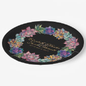 Watercolor Succulent Wreath Black Wedding Pappteller (Schrägansicht)