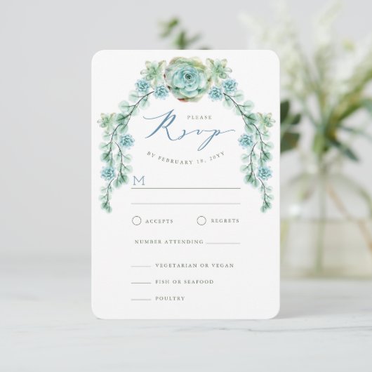 Watercolor Succules Garden Wedding RSVP Card (Stehend Vorderseite)