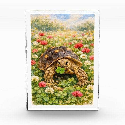 Watercolor Sulcata Tortoise with lucky clover Fotoblock (Vorderseite)