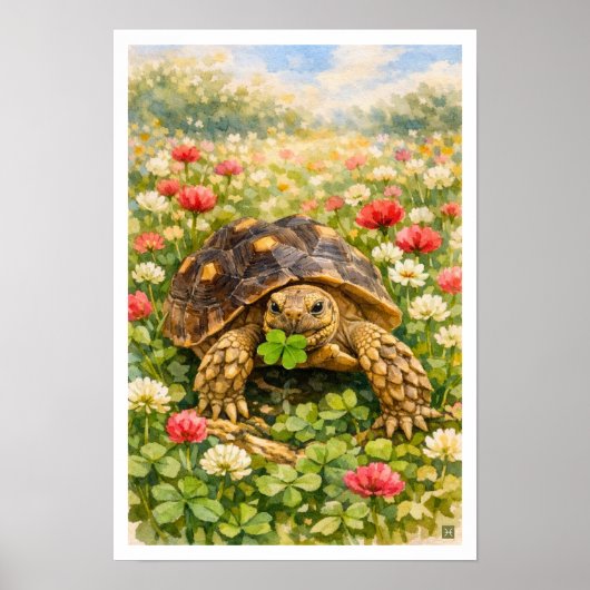 Watercolor Sulcata Tortoise with lucky clover Poster (Vorne)