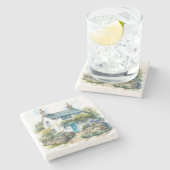 Watercolor Summer English Country Hütte Steinuntersetzer (Seitenansicht)