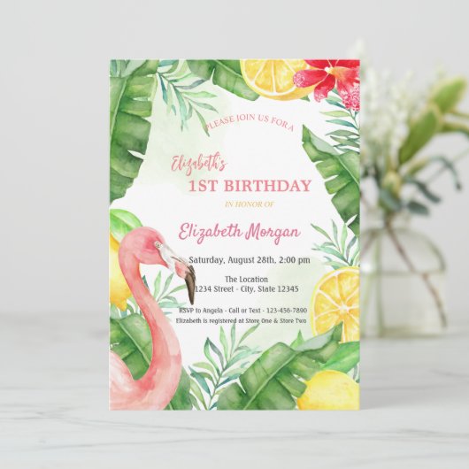 Watercolor Summer Flamingo First Birthaday Einladung (Stehend Vorderseite)