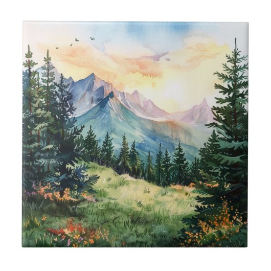 Watercolor Summer Mountain Fliese (Vorderseite)