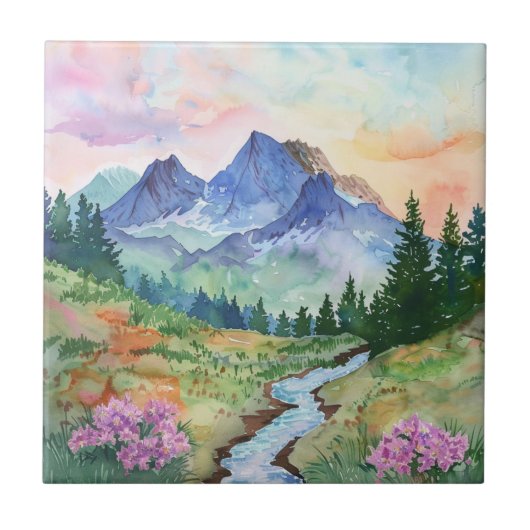 Watercolor Summer Mountain Fliese (Vorderseite)