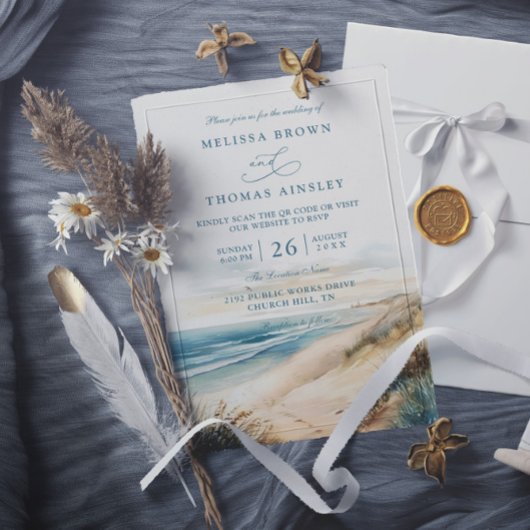 Watercolor Summer Ocean Beach QR Code Wedding Einladung