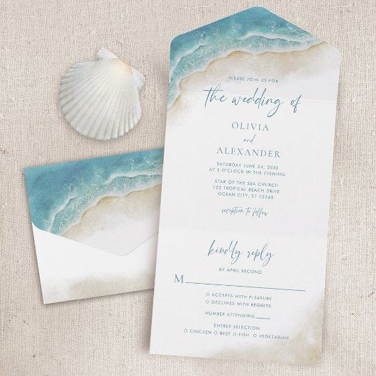 Watercolor Summer Ocean Beach Wedding All In One Einladung