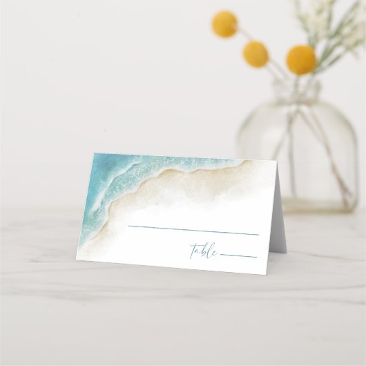 Watercolor Summer Ocean Beach Wedding Platzkarte (Vorderseite)