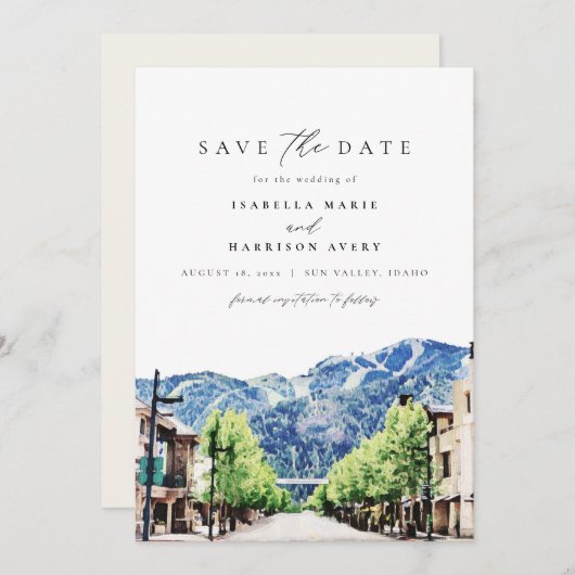 Watercolor Sun Valley Idaho Berg Save the Date Einladung (Vorne/Hinten)