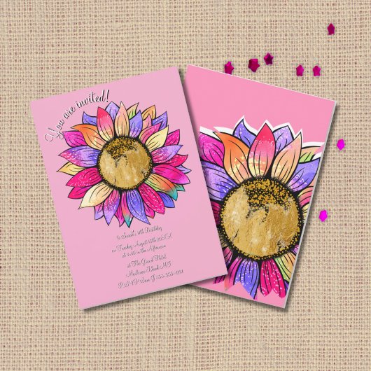 Watercolor Sunflower Floral Pink & Purple Birthday Einladung