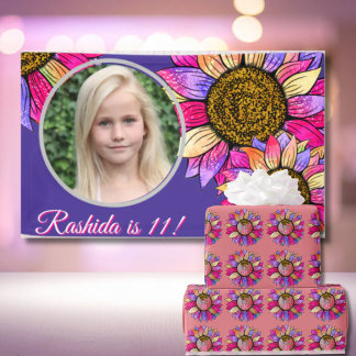 Watercolor Sunflower Pink & Purple Chic Birthday Banner