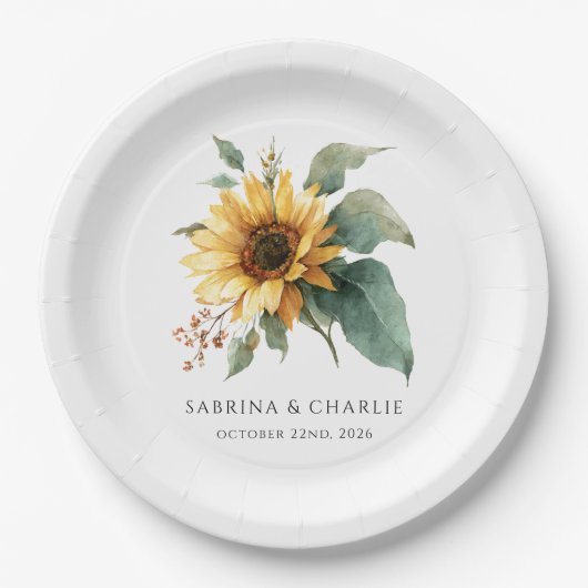 Watercolor Sunflower Rustic Country Wedding Pappteller (Vorderseite)