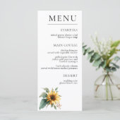 Watercolor Sunflower Rustic Foliage Wedding Menükarte (Stehend Vorderseite)