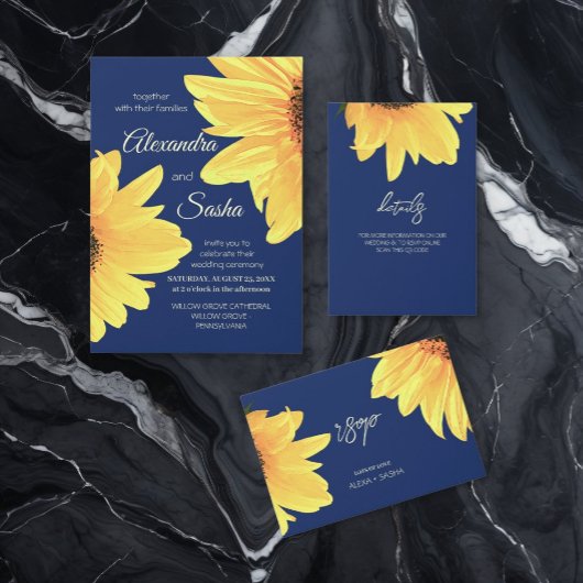 Watercolor Sunflowers dark blue Wedding Begleitkarte
