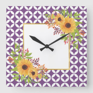 Watercolor sunflowers, purple geometric pattern  quadratische wanduhr